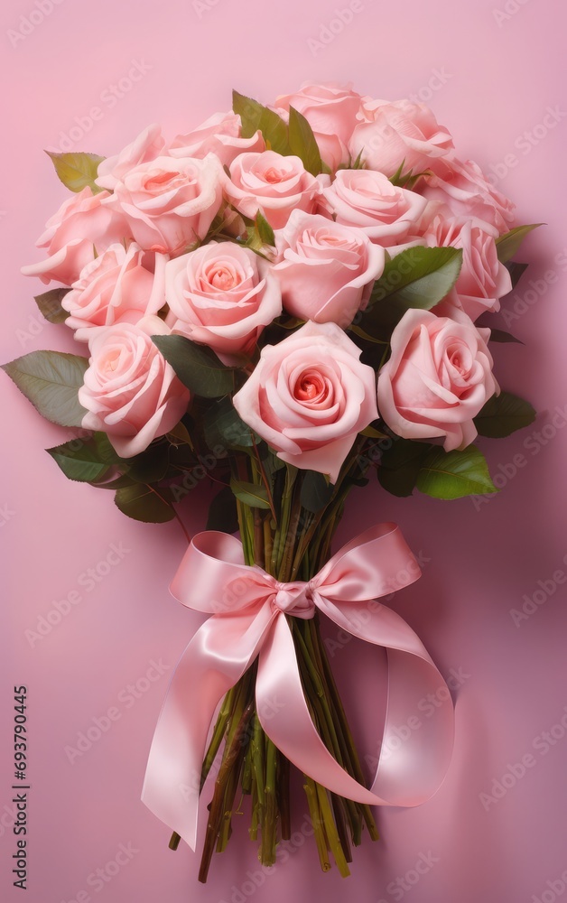dtbinzi A bouquet of roses is on the left, light pink background, romantic atmosphere, as the poster background, Romantic style, UHD, high details, best quality, 16k, HD