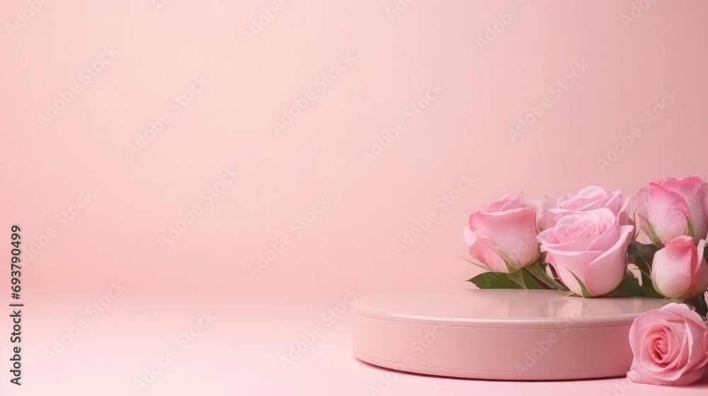 Empty podium with pink roses on pastel pink background to display products, gift or cosmetics Empty podium with pink roses on pastel pink background to display products, gift or cosmetics