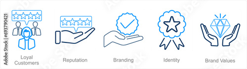 A set of 5 Branding icons as loyal customer, reputation, branding photo