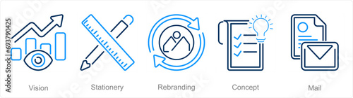 A set of 5 Branding icons as vision, stationery, rebranding