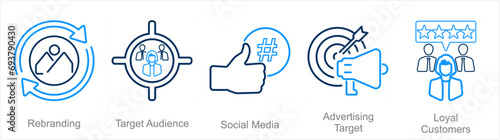 A set of 5 Branding icons as rebranding, target audience, social media