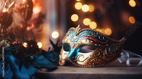 Detailed view of a mask for masquerade on a table illuminated by light, 