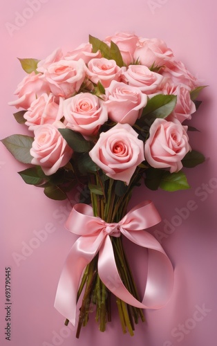 dtbinzi A bouquet of roses is on the left  light pink background  romantic atmosphere  as the poster background  Romantic style  UHD  high details  best quality  16k  HD