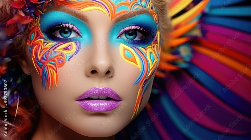 Fashion model woman face with fantasy art make-up. Bold makeup, glance Fashion art portrait, Fashion model woman face with fantasy art make-up. Bold makeup, glance Fashion art portrait,