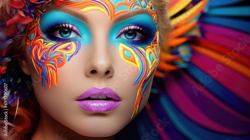 Fashion model woman face with fantasy art make-up. Bold makeup, glance Fashion art portrait, 