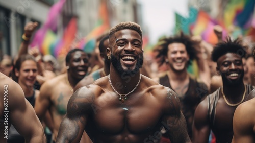Full body photography of a group of beautiful muscular men during the gay pride parade, include one black man, they are dancing and having fun, rainbow colors,  photo