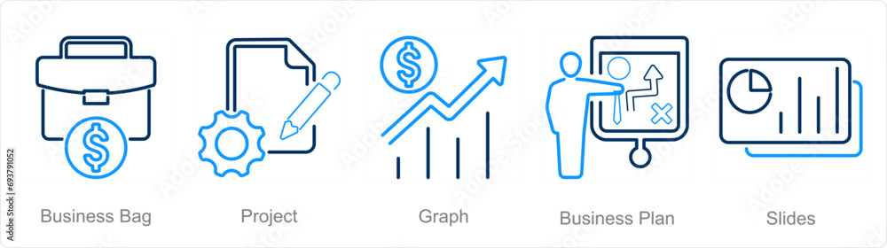 A set of 5 Business Presentation icons as business bag, project, graph A set of 5 Business Presentation icons as business bag, project, graph