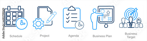 A set of 5 Business Presentation icons as schedule, project, agenda