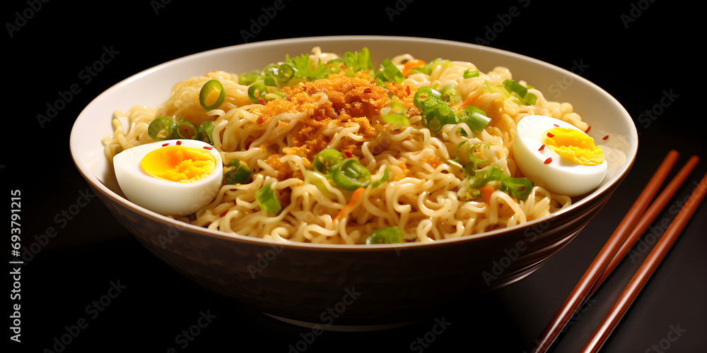 Instant noodles with egg on top are delicious,,
Authentic Japanese Ramen Bowl on White Tabletop,,
Bowl of Ramen on Minimalist Table Setting