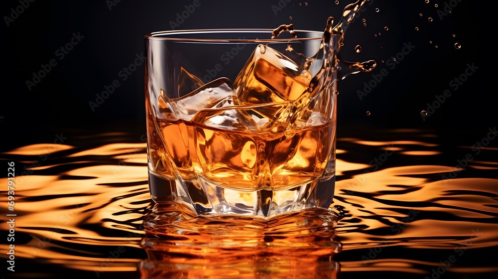 Whisky fluid liquid background, luxury still life of whisky glass with ice cube