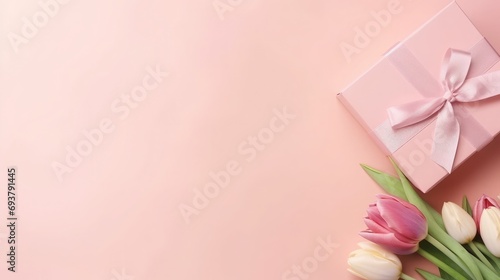 Mother's Day concept. Top view photo of stylish pink giftbox with ribbon bow and bouquet of tulips on isolated pastel pink background with copyspace © Dara