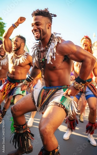 Multiple Brazilian male dancers with impressive muscles, showcasing their physique while leading a lively dance performance at a vibrant carnival, captivating energy,  photo