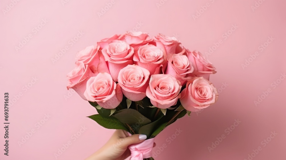 Photo of cropped man arm hold big bright decorated bunch of pink roses giving girlfriend valentine day romance gift present bouquet composition isolated pink color background, with copy space, - obrazy, fototapety, plakaty 
