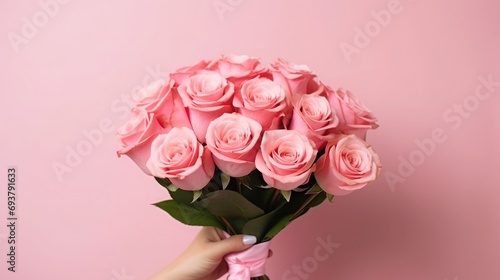 Photo of cropped man arm hold big bright decorated bunch of pink roses giving girlfriend valentine day romance gift present bouquet composition isolated pink color background, with copy space,