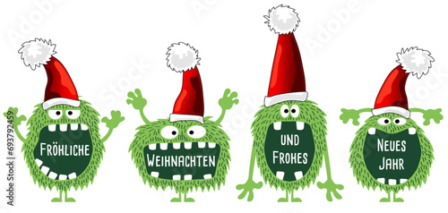 Monster Weihnachten Cartoon, Gruppe lustig behaarte grüne Weihnachtsmonster mit großem Maul und Eckzähnen, mit Nikolausmütze und mit deutschem Text - Fröhliche Weihnachten und ein frohes Neues Jahr