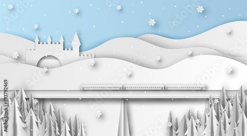Train on bridge travel passing through a Castle on the mountain in Winter. Train with winter scenery. paper cut and craft style. vector, illustration.