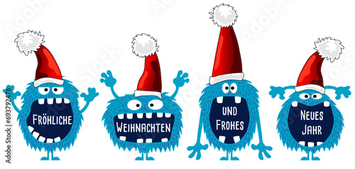 Monster Weihnachten Cartoon, Gruppe lustig behaarte blaue Weihnachtsmonster mit großem Maul und Eckzähnen, mit Nikolausmütze und mit deutschem Text - Fröhliche Weihnachten und ein frohes Neues Jahr