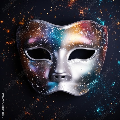 The inner reverse side of a monotonous white mask against the background of space with a cluster of stars, cosmic nebulae and galaxies. Live photo. The best quality. High detail. Juicy colors