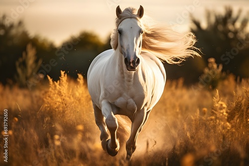 a white horse galloping through a field in sunlight