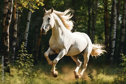 a white horse galloping in the field against the woods