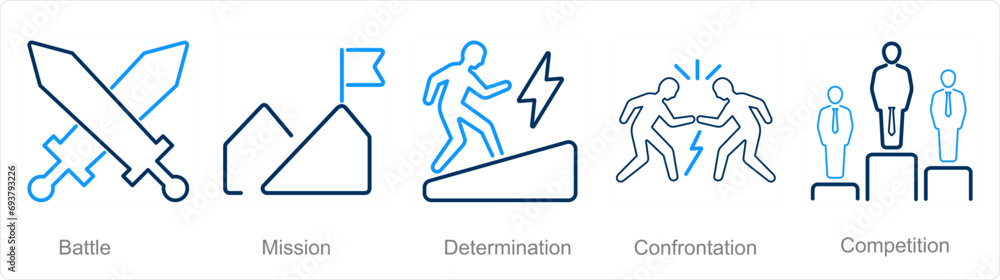 A set of 5 Challenge icons as battle, mission, determination A set of 5 Challenge icons as battle, mission, determination