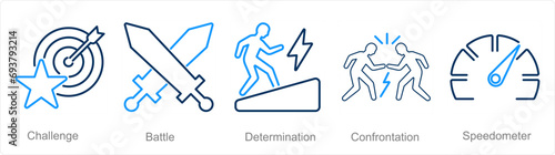 A set of 5 Challenge icons as challenge, battle, determination