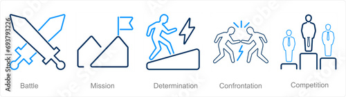A set of 5 Challenge icons as battle, mission, determination