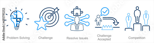 A set of 5 Challenge icons as problem solving, challenge, resolve issues