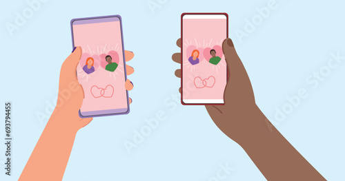 Hands holding mobile phones with open pages of online dating application on light blue background
