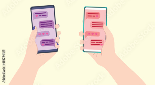 Hands holding mobile phones with open pages of online dating application on light background