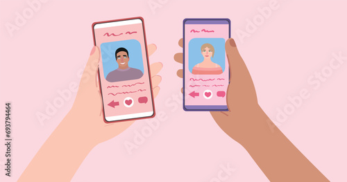 Hands holding mobile phones with open pages of online dating application on pink background