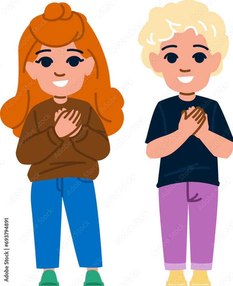 Fototapeta premium child kid honesty vector. heart girl, hand grateful, lifestyle young child kid honesty character. people flat cartoon illustration