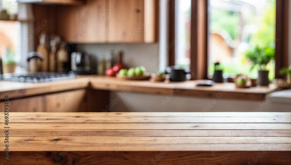 Blurred Kitchen Countertop on Empty Wooden Table Background, Wooden Table Blurred Kitchen Countertop on Empty Wooden Table Background, Wooden Table