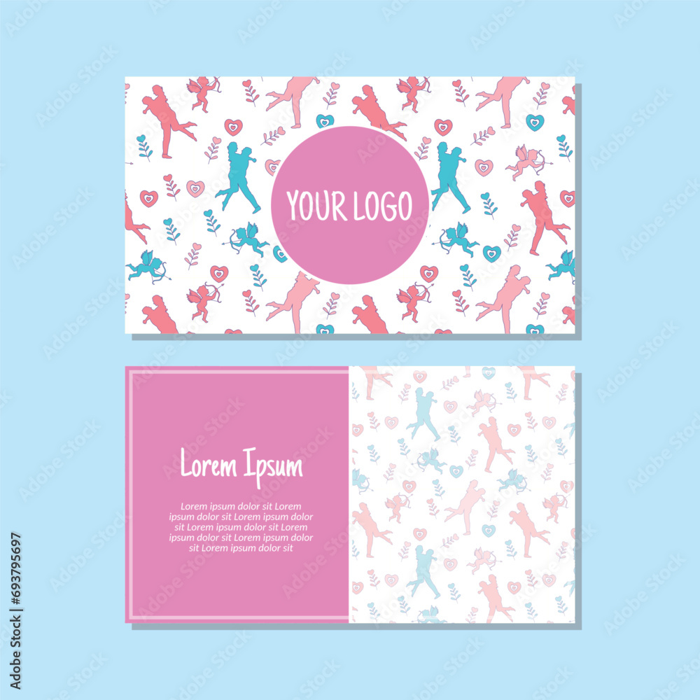 Business card template, Valentine's Day seamless pattern vector design. Double-sided creative business card template.