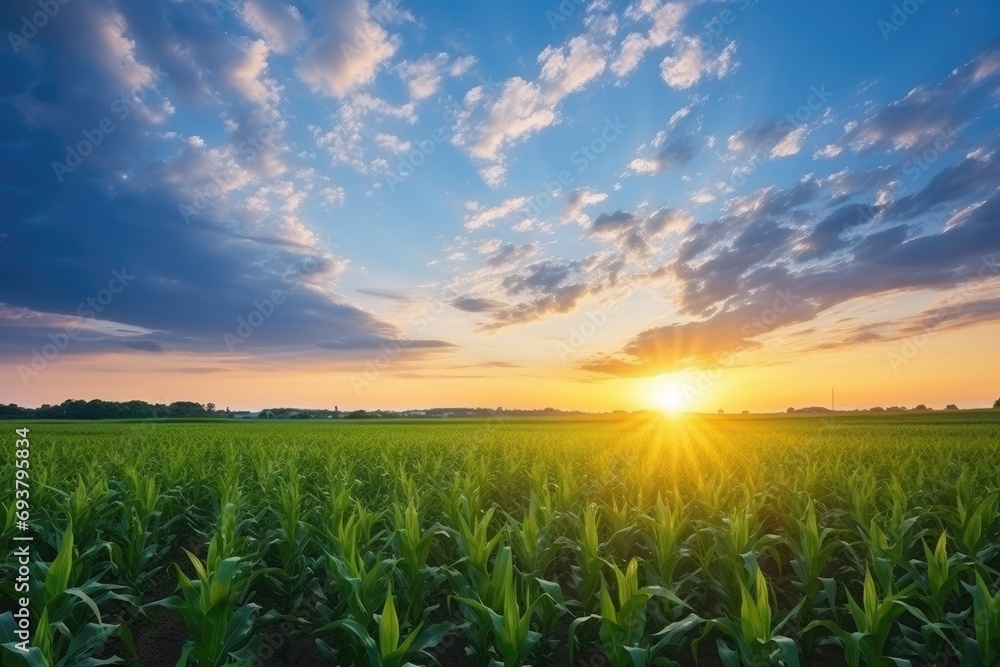 sunset beauty over corn field with blue sky and clouds landscape, agricultural. Generative AI sunset beauty over corn field with blue sky and clouds landscape, agricultural. Generative AI