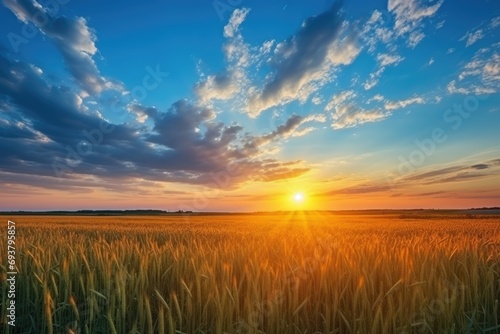 sunset beauty over corn field with blue sky and clouds landscape, agricultural. Generative AI