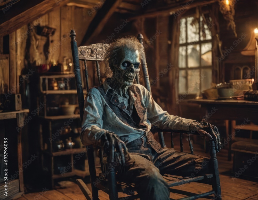 Scary zombie sit in old wooden chair in the room