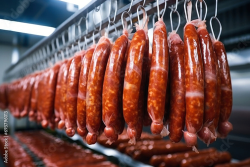 Photo of a display of hanging sausages in a market or butcher shop. industrial production of sausage and meat in a modern plant. Smoking of sausages and meat products.