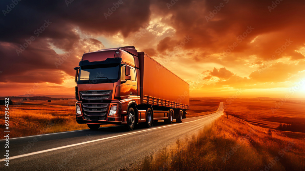 A large semi-trailer is driving along the highway. Transport, logistics or freight concept. Truck on the highway. A large semi-trailer is driving along the highway. Transport, logistics or freight concept. Truck on the highway.