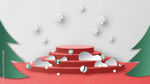Christmas and New Year stage podium scene. Christmas mockup scene. Merry Christmas. paper cut and craft style. vector, illustration.