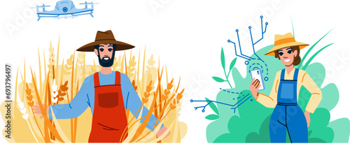 digital smart agriculture farming vector. technology farmer, field plant, industry innovation digital smart agriculture farming character. people flat cartoon illustration