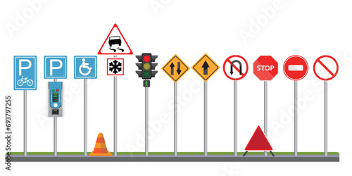 Set of road signs isolated on white background.