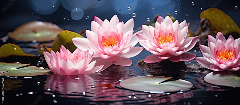 Pink lotus plants submerged in water. - obrazy, fototapety, plakaty 