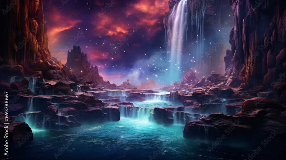 Beautiful waterfall under a sky full of stars. Beautiful waterfall under a sky full of stars.