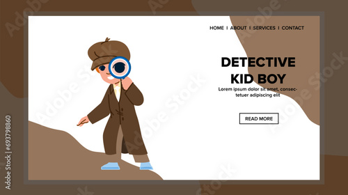 search detective kid boy vector. spy little, analyze work, job funny search detective kid boy web flat cartoon illustration