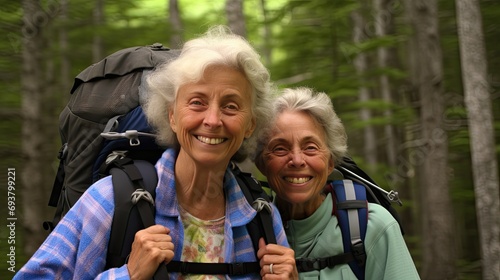 Close-up photo of a retired women as they embrace the joy of backpacking. Surrounded by nature's wonders, they radiate happiness and inspire others to pursue their passions, regardless of age. photo