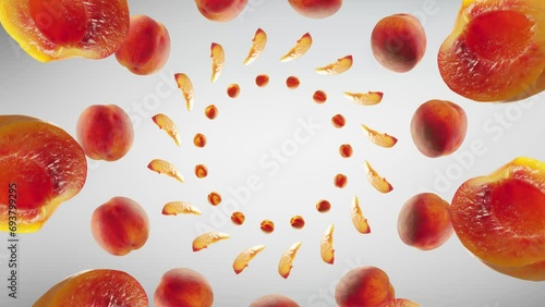 Flying Peach and Peaches slices in Bright Grey Background