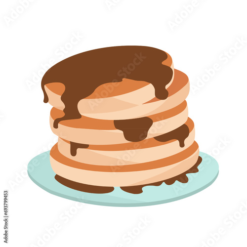 Illustration of chocolate pancakes in a plate on a white background.