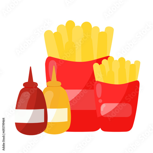 French fries set. Potato sticks in paper cones, ketchup, mayonnaise on white. Vector illustration