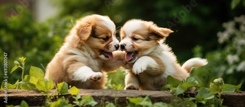 Puppies engage in play fighting outdoors, with one puppy on top of another. They are one month old. photo